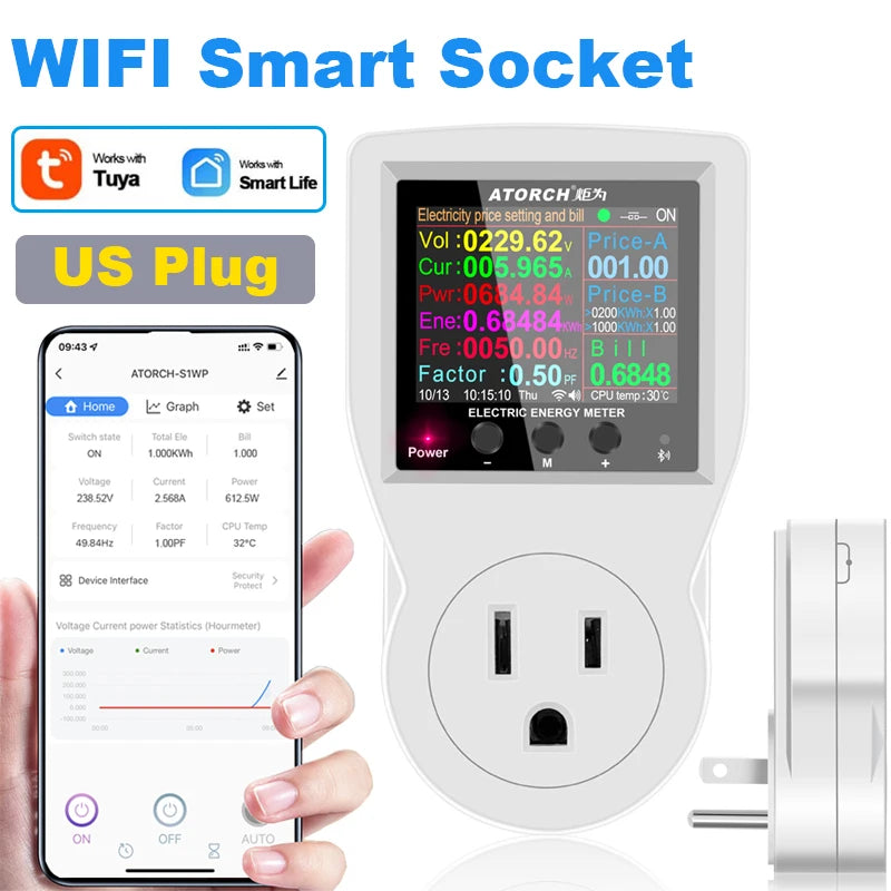 Tomacorrente inteligente Wi‑Fi com exibição de monitorização de energia
