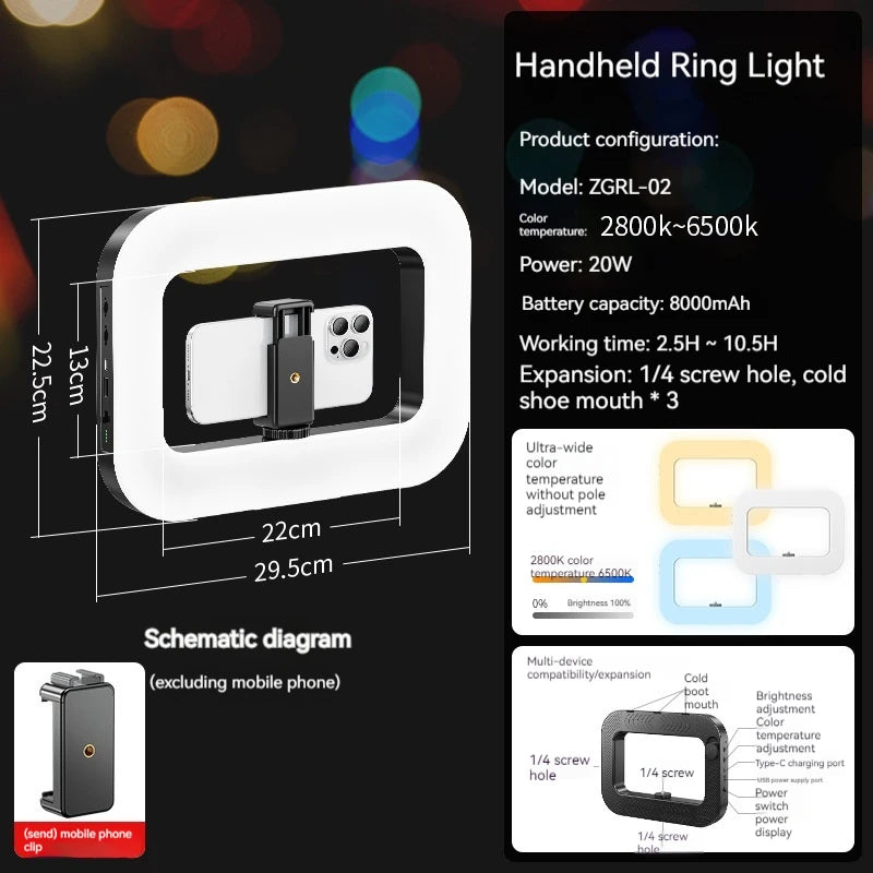 20W LED Ring Fill Light with Adjustable Color & Battery Power