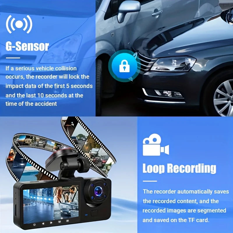Triple Lens WiFi Dashcam 2/3 Channel Car Camera 1080P HD Video Recorder, Night Vision Car DVR with Wide Angle for Front and Rea