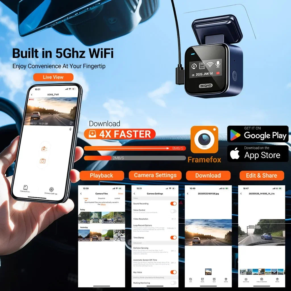 2K Mini Caméras pour voiture DVR Mini Dash Cam 24 Parking Enregistrement vidéo auto Application WiFi Commande vocale Dashcam automobile