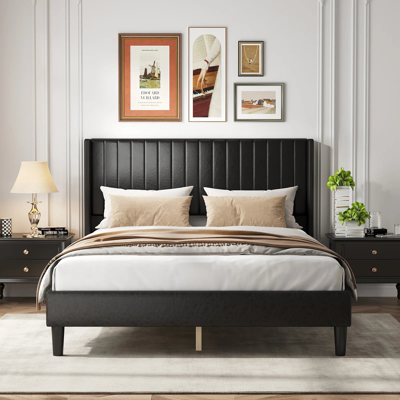 Upholstered Platform Bed Frame with Wingback Headboard and Storage
