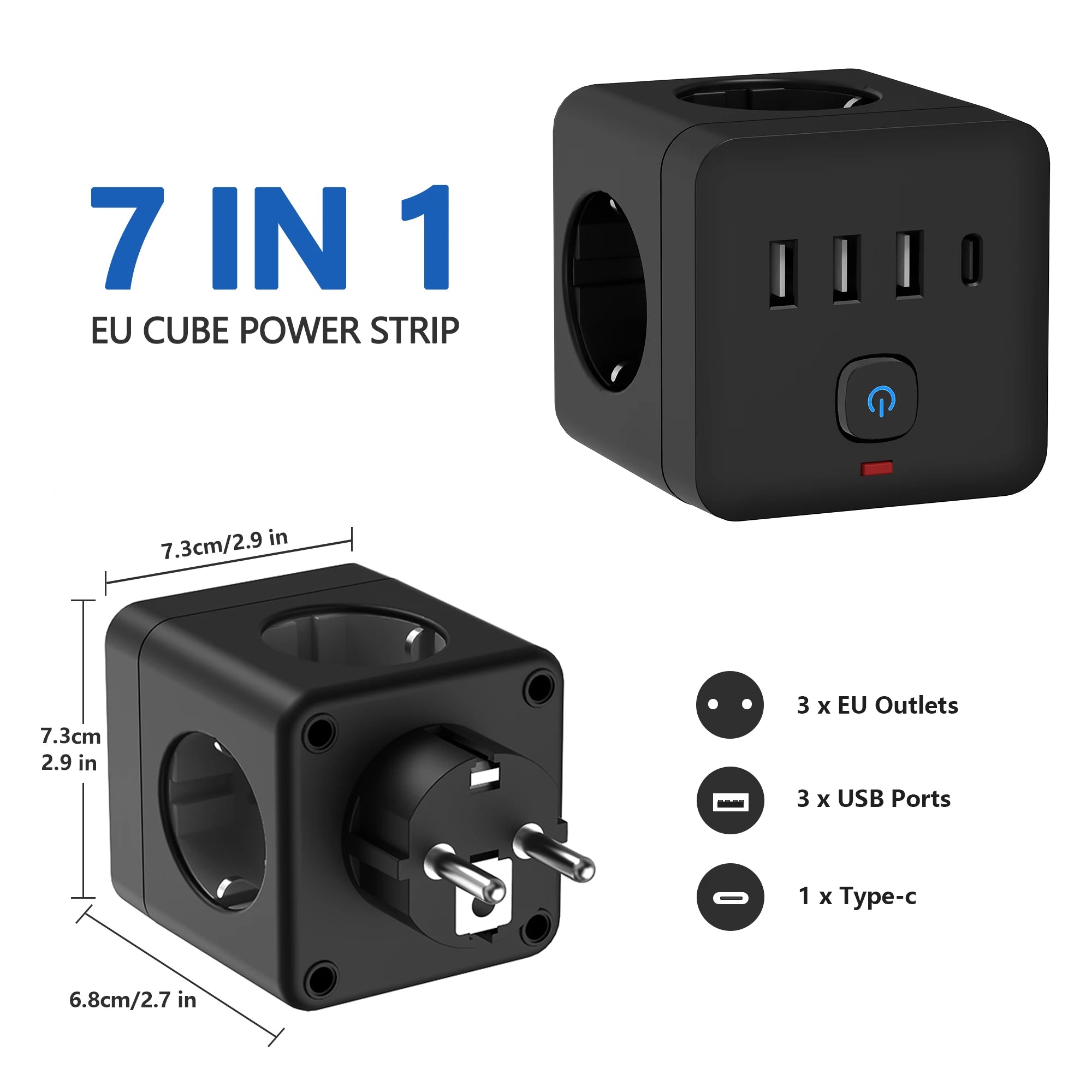 7-in-1 EU Power Strip, Power Strip Surge Protector 3 AC Outlets 3 USB 1 Type-C, Desktop Charging Station With Overload Protecti