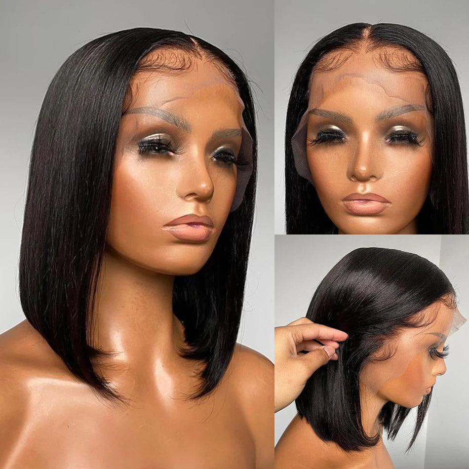 Short Straight Bob Wig Human Hair with Transparent Lace