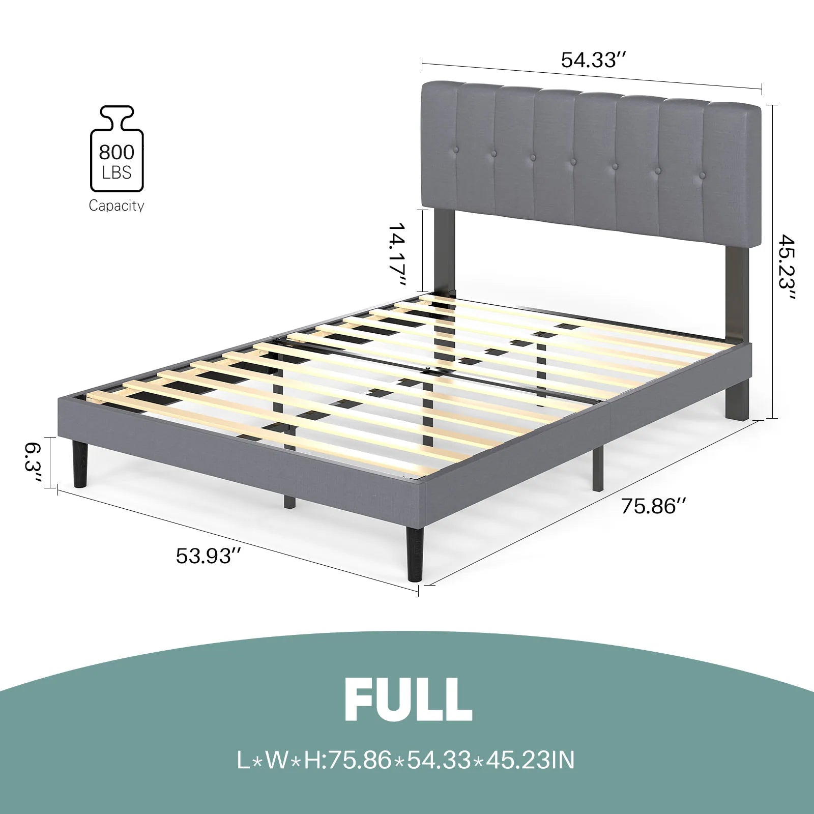 Wooden Upholstered Bed Frame with Adjustable Headboard, No Box Spring