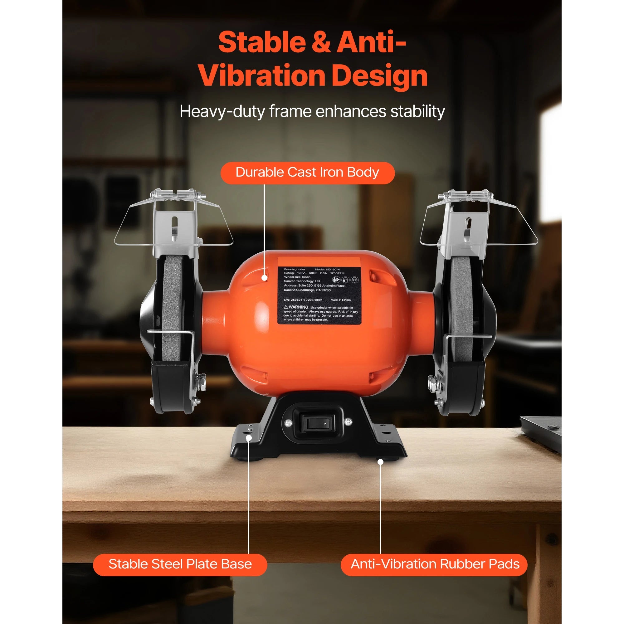 6-Inch Bench Grinder 1750RPM Low-Speed with Adjustable Tool Rest