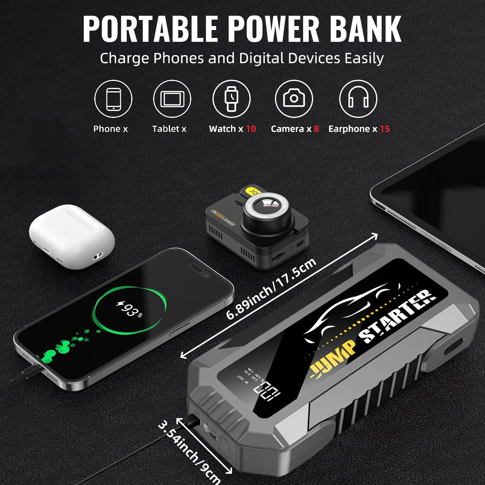 Car Jump Starter 7000A 29800mAh Battery Pack for 12V Cars