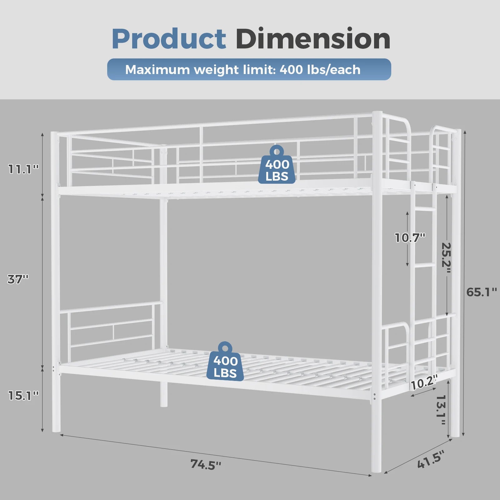 Heavy Duty Metal Bunk Bed Frame with Ladder & Guardrails