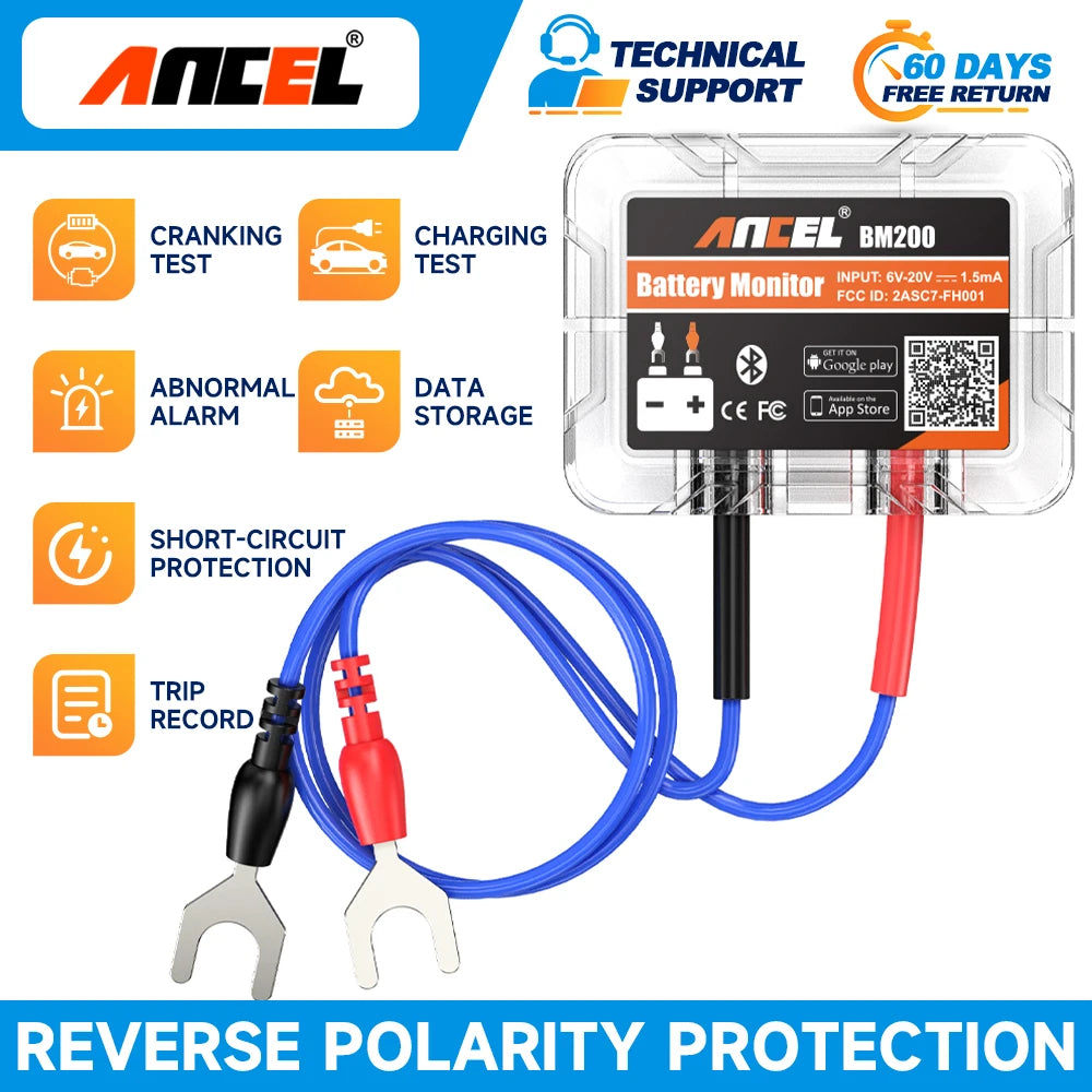 ANCEL BM200 12V Car Battery Monitor 12V Battery Health Monitoring Wireless Bluetooth 4.2 For Android IOS APP Battery Tester Tool