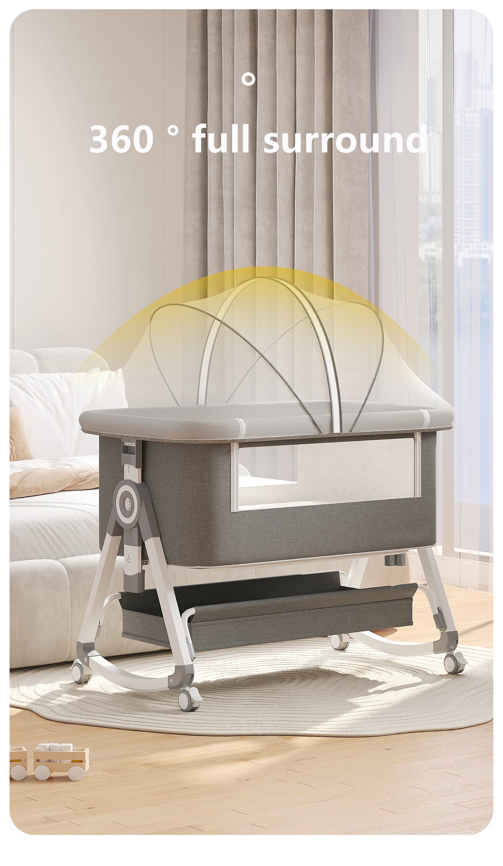 5-in-1 Baby Crib with Adjustable Height, Rocking Mode, Mosquito Net and Storage