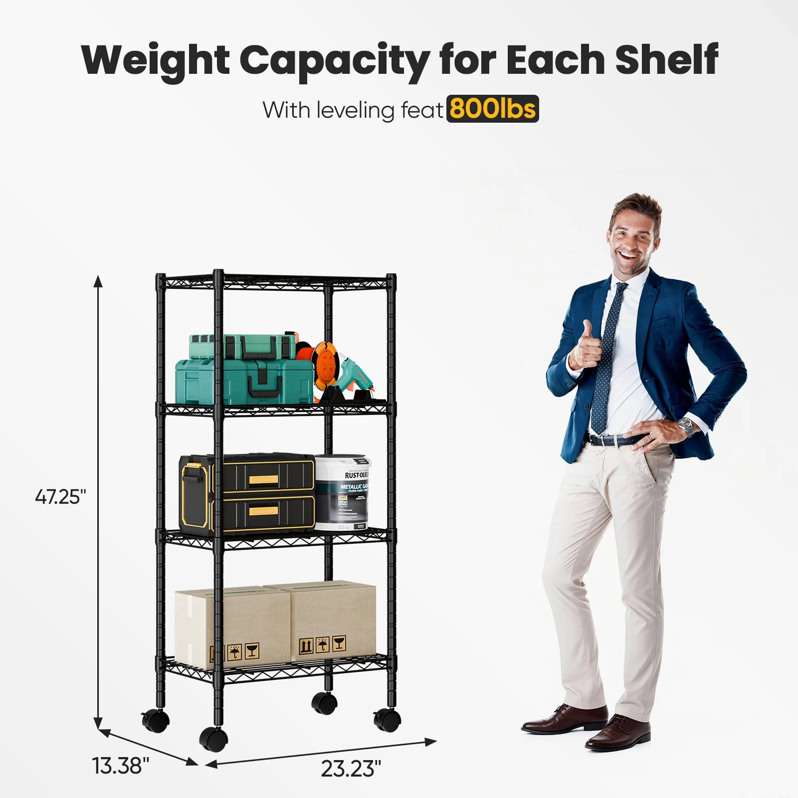 3–5 Tier Metal Grid Storage Shelf with Lockable Wheels