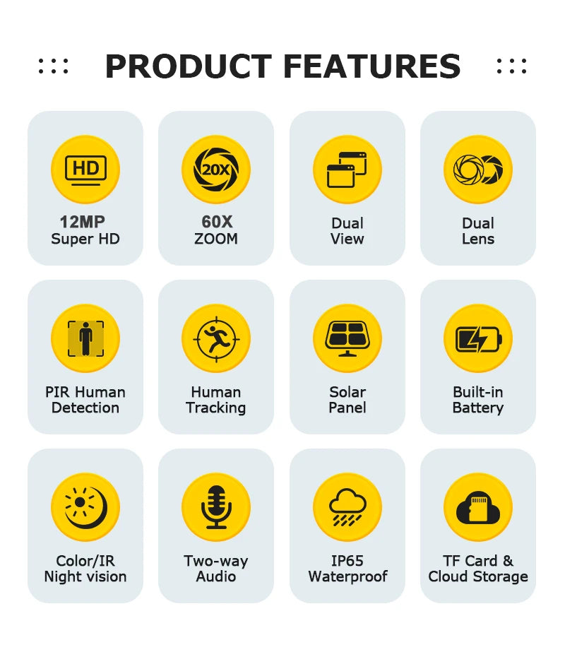 6K 12MP 4G/WiFi Solar Battery Security Camera 60X Zoom PTZ Outdoor