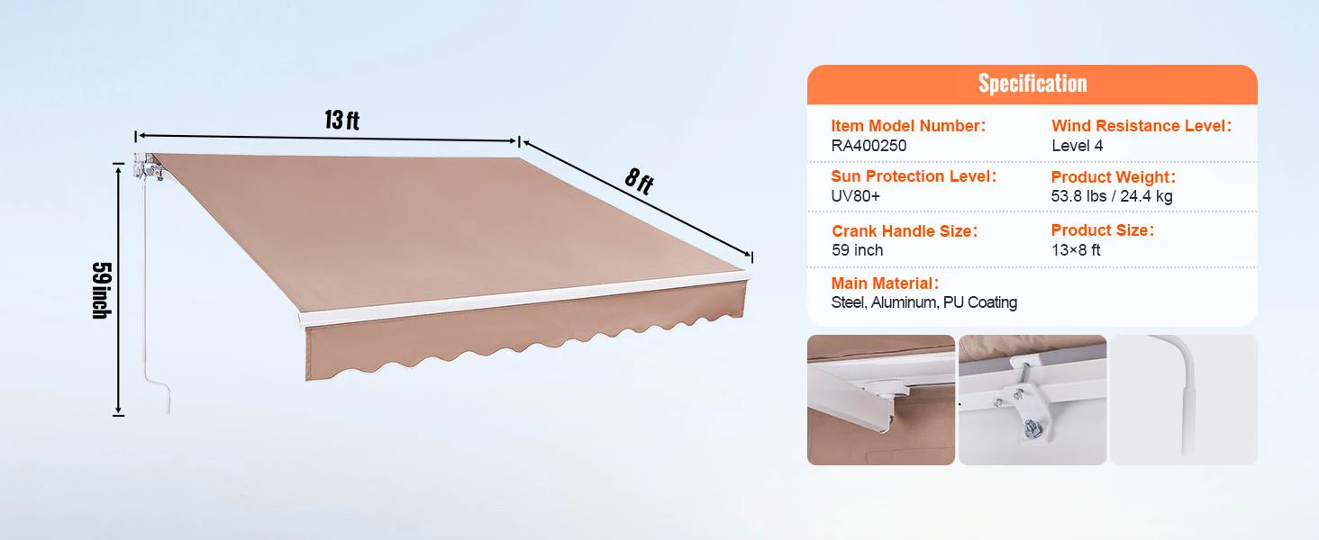 SucceBuy Manual Retractable Awning Outdoor Awning Retractable Sun Shade Water-Resistant Polyester Patio Door Window for Backyard