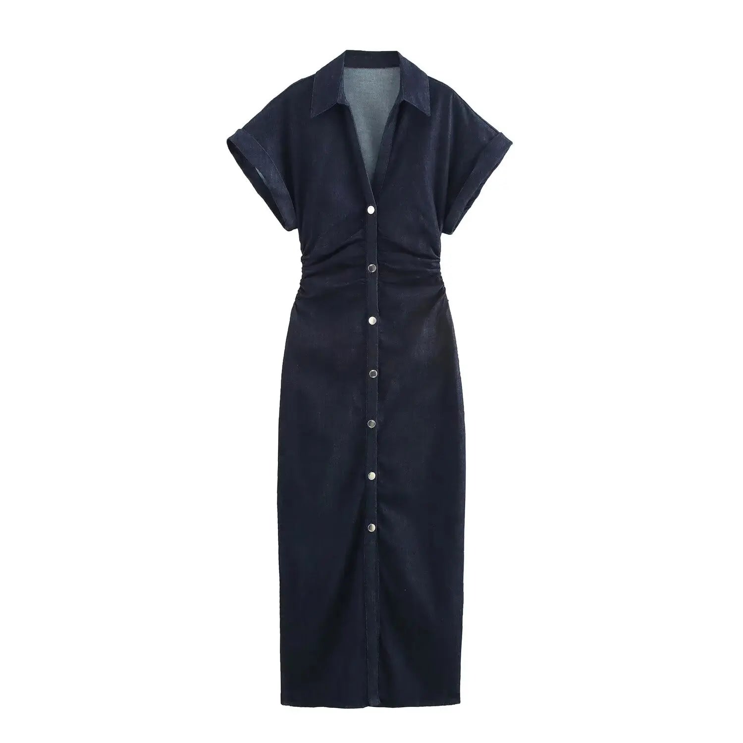 ETJ 2025 Spring New 1975 series denim MIDI dress with lapel side zipper fashion wrinkle waist slim elegant dress