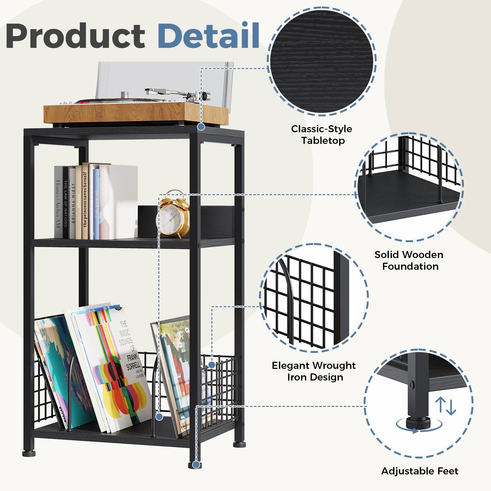 3-Tier Record Player Stand with Vinyl Storage and Metal Frame
