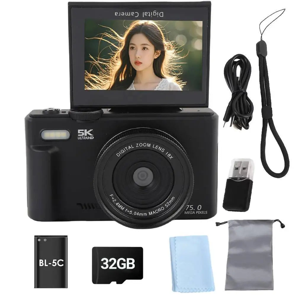 75MP Digital Camera 5K 18X Zoom Flip Screen WiFi