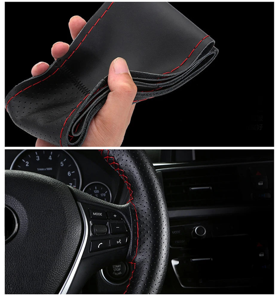 SEAMETAL 100% Genuine Leather Steering Wheel Cover Wear-Resistant Cowhide Car Steering Protection Cover Breathable Anti-Slip