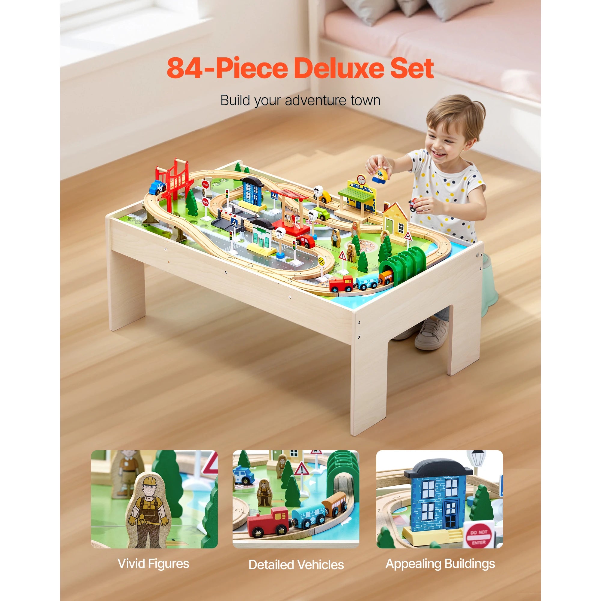 Kids Wooden Train Table Set with Storage & Double-Sided Play Surface