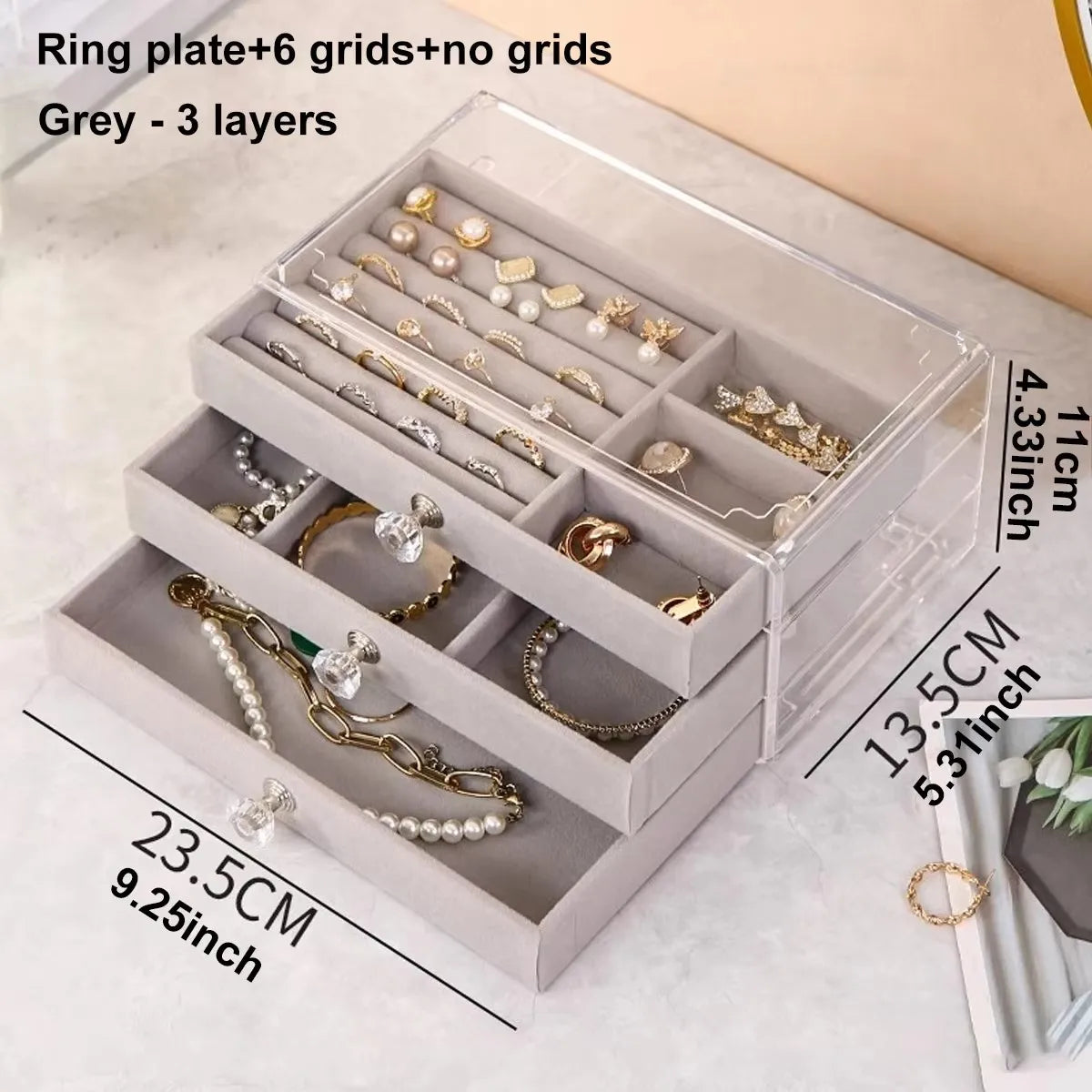 1 boîte à bijoux à tiroirs empilable sur 3 niveaux, beige/grise, pour ranger boucles d’oreilles, bagues, colliers et bracelets