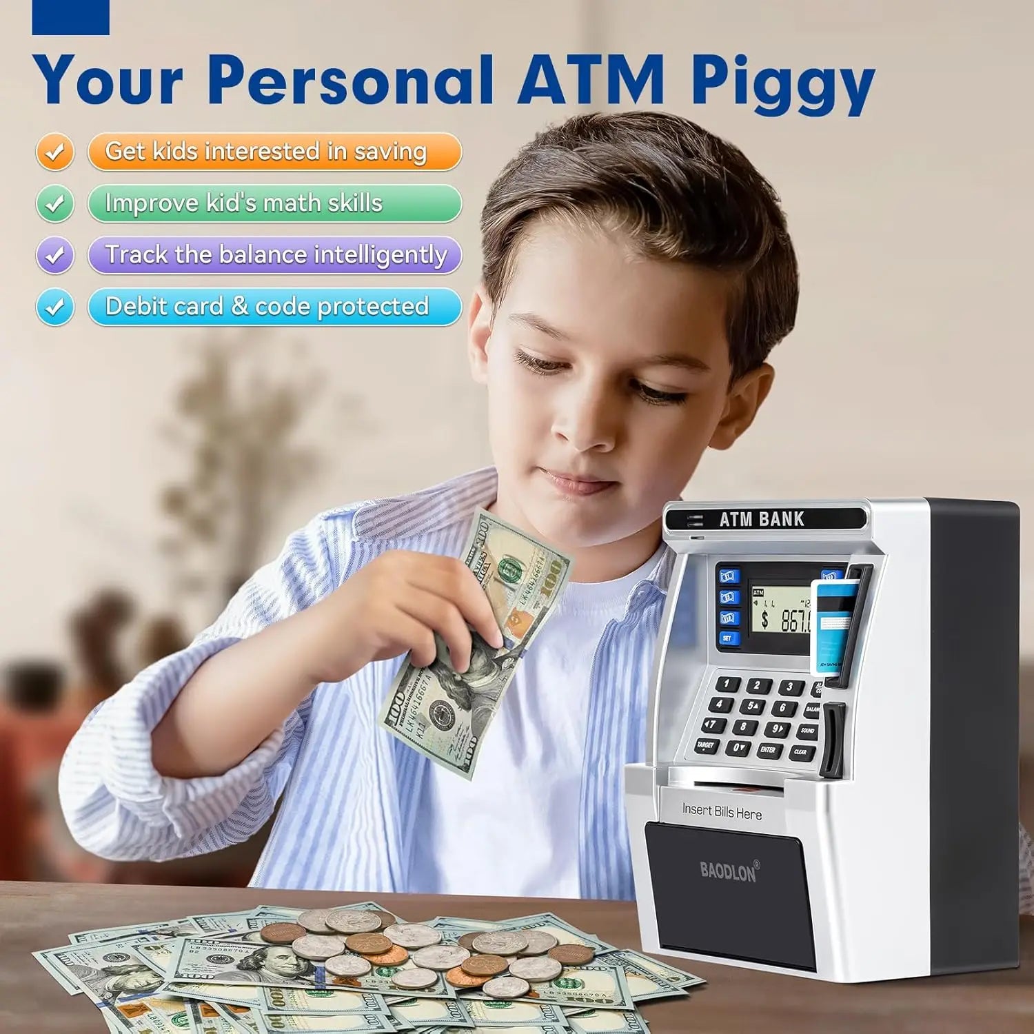 Kids ATM Piggy Bank for Real Money with Debit Card, Bill Feeder, Coin Recognition, Balance Calculator