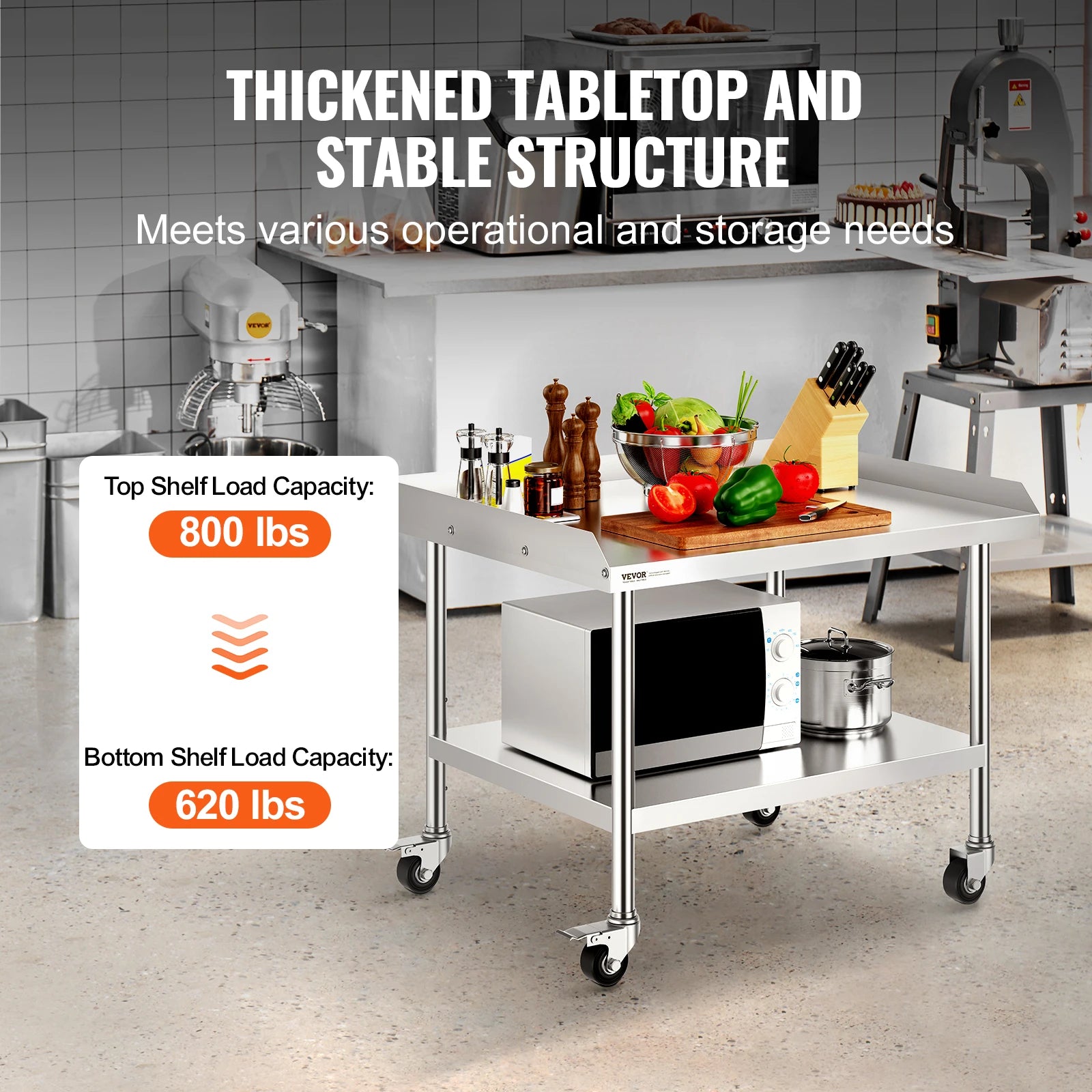 Stainless Steel Work Table with Wheels and Adjustable Shelf