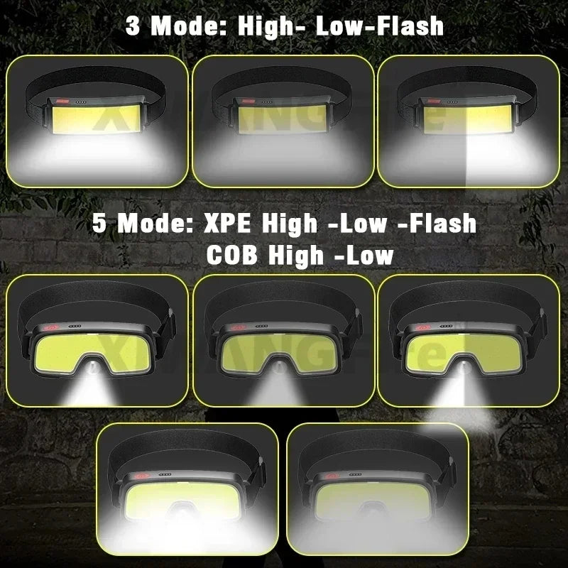 COB LED Headlamp 3 Mode USB Rechargeable