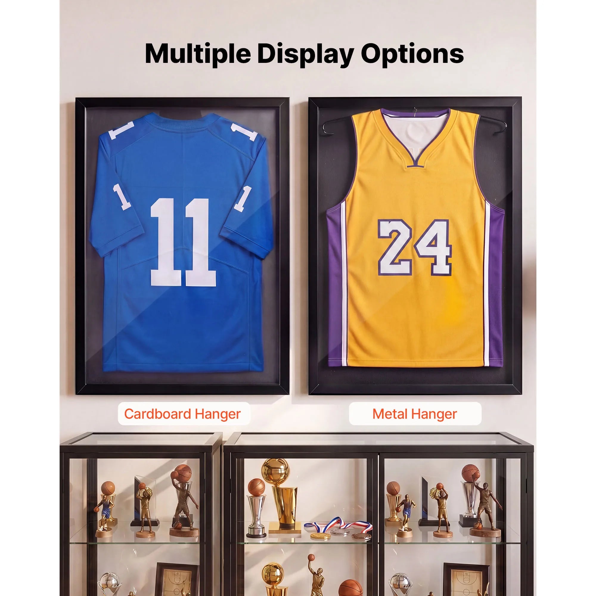 SucceBuy Jersey Frame Display Case, Wooden Sport Jersey Shadow Box with 98% UV Protection PC Panel and Hanger for Baseball Basketball Hockey Shirt Sport Uniform