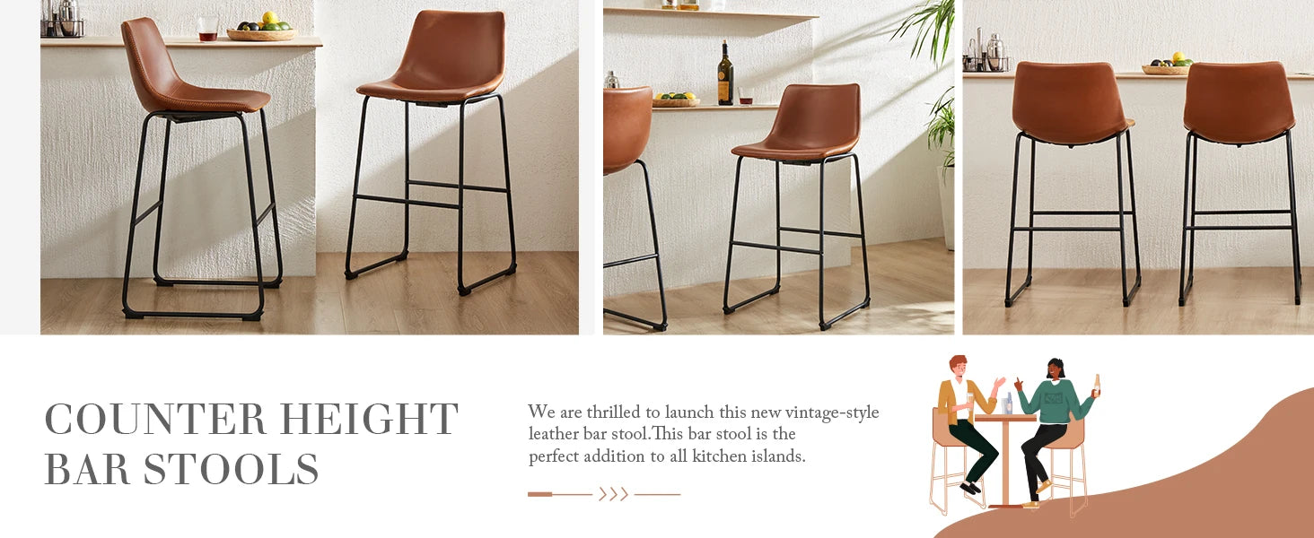 Counter Height Bar Stools Set of 2 Faux Leather with Back