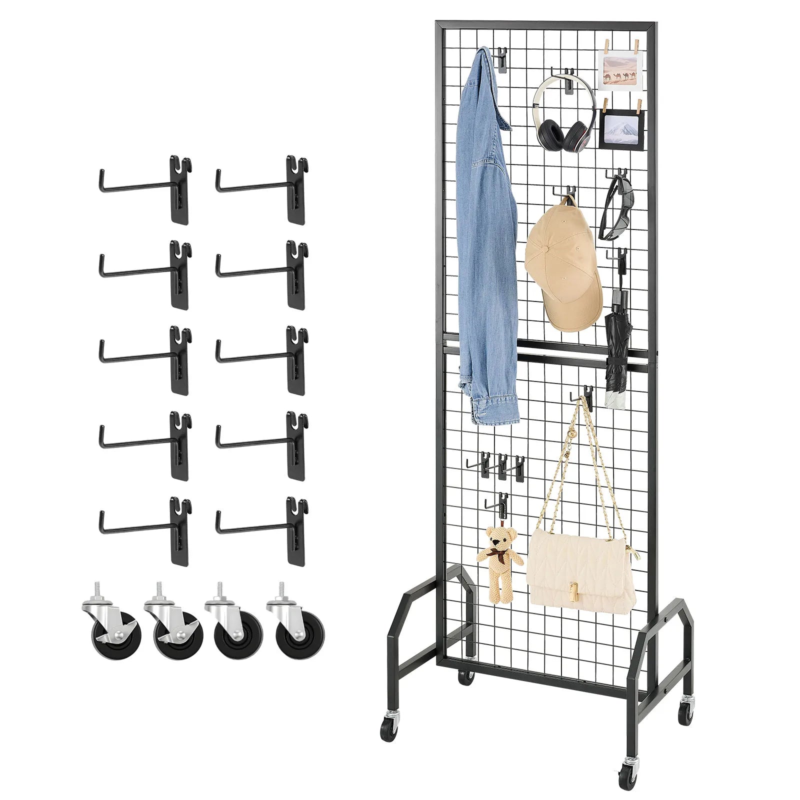 Rolling Grid Wall Display Panel with Hooks and Wheels