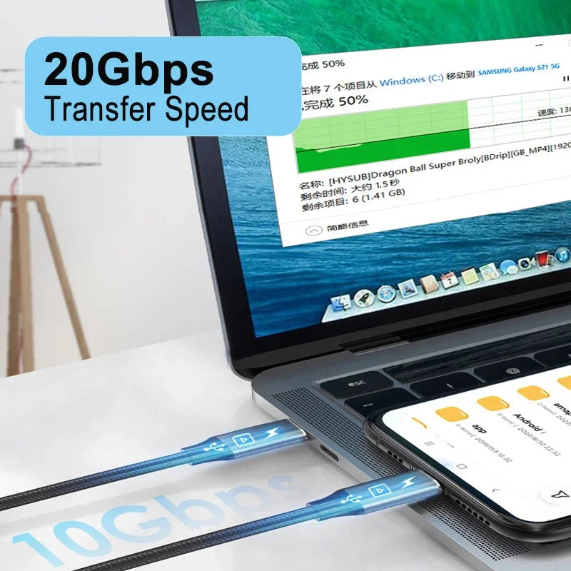 Cable USB C a USB C, carga rápida PD de 100W, 5A, transmisión de datos de alta velocidad de 20Gbps, USB 3.2 Gen 2, 4K a 60Hz, cable de audio macho
