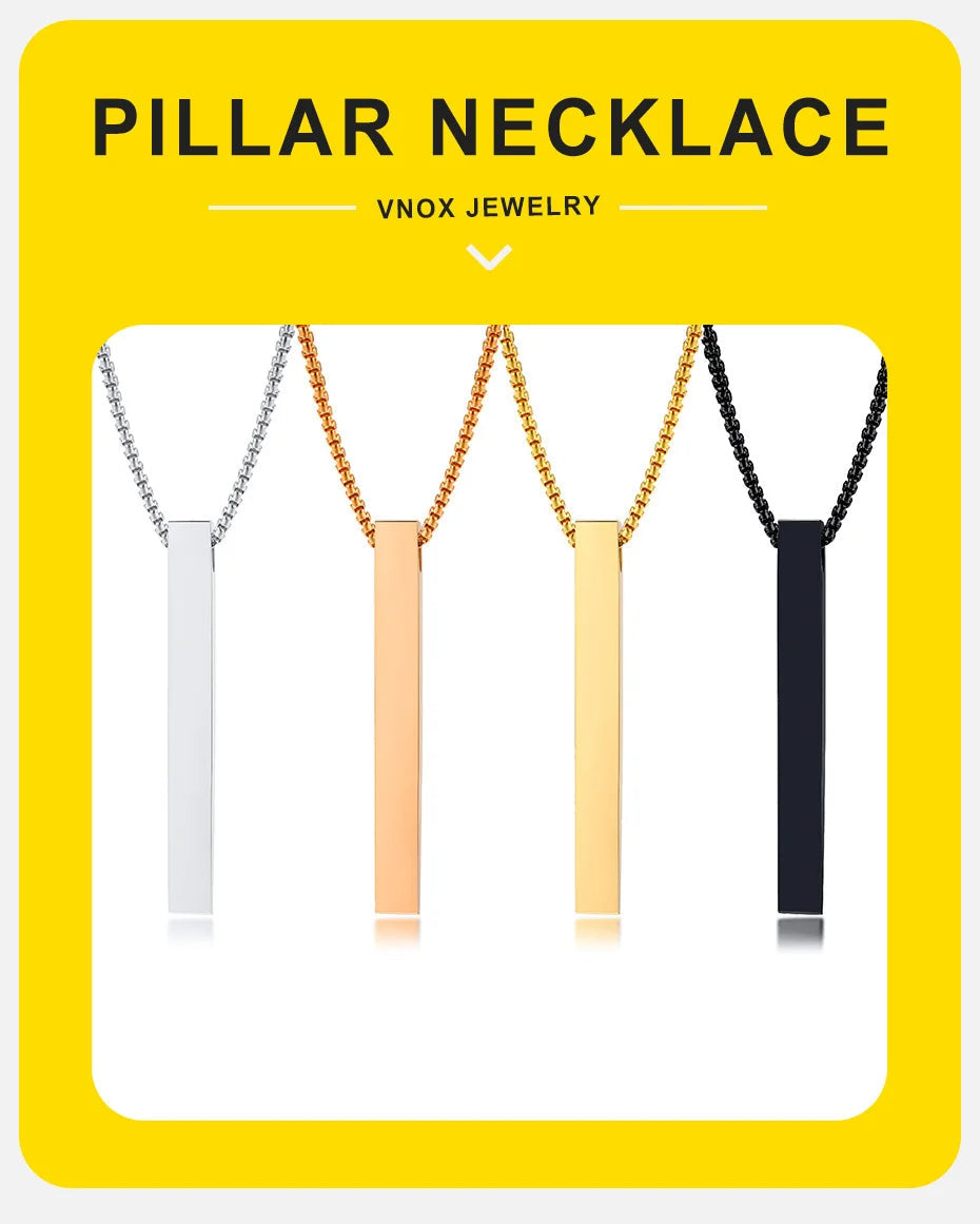 Vnox 5mm Pillar Necklace for Men Women, Stainless Steel 3D Bar Pendant, Minimalist Simple Casual Unisex Neck Collar