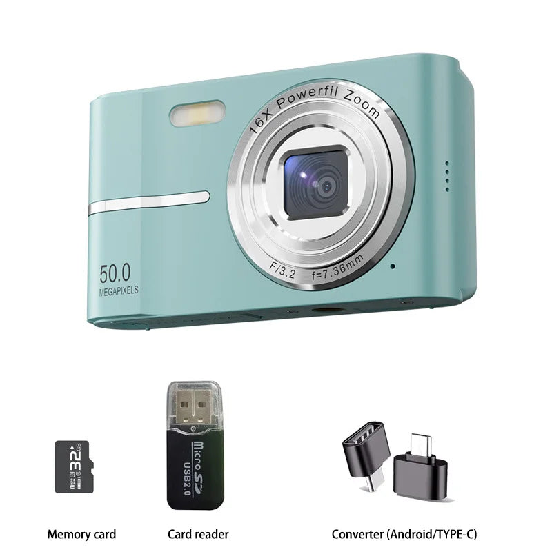 5K 50MP Mini Digital Camera with 16X Zoom, 2.4 Inch IPS Display & Flash