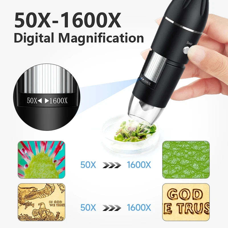 1600X USB Digital Microscope 1080P HD, Soldering Microscope with 8 Adjustable LEDs & Metal Stand, UVC Otg Compatible with