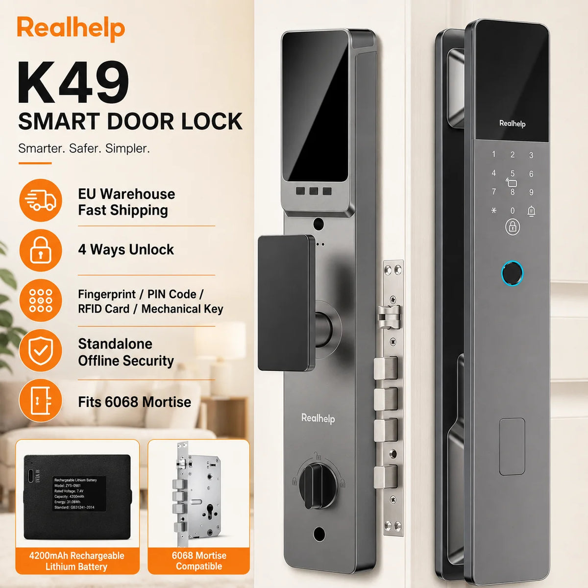Smart Door Lock 6068 Mortise Fingerprint PIN Code RFID Card Keyless Entry