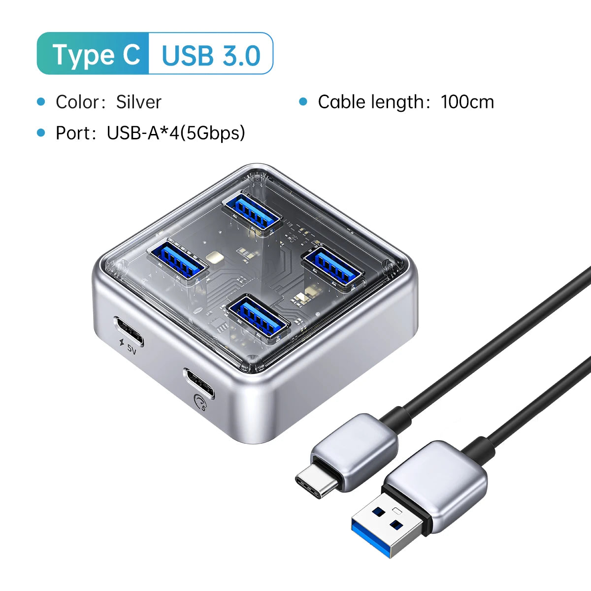 Transparent Four-Port USB Hub with Auxiliary Power Port