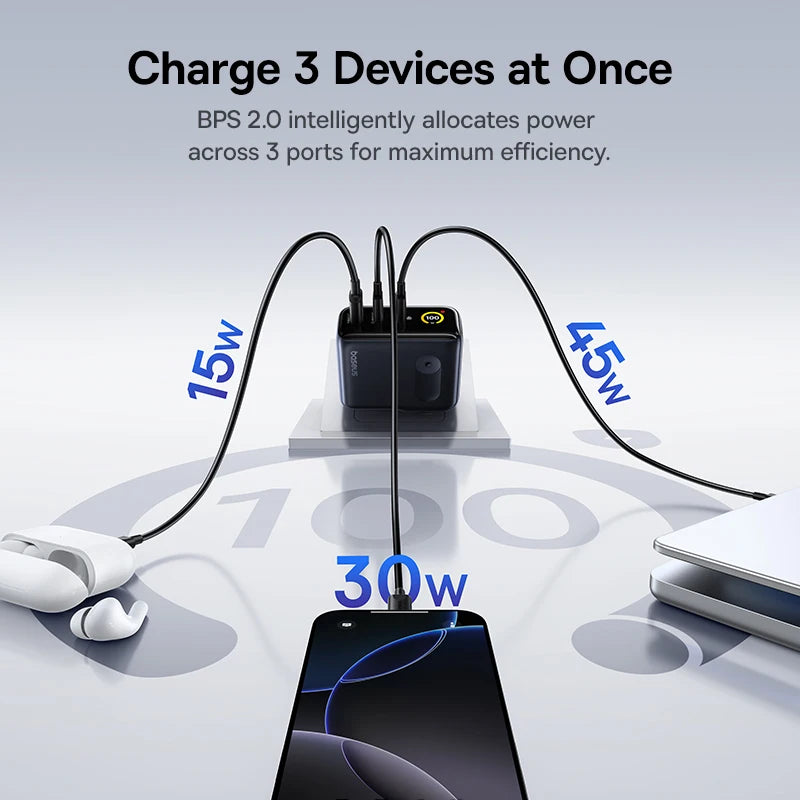 Baseus 100W GaN rychlá nabíječka s displejem, 3 porty USB-C a USB-A