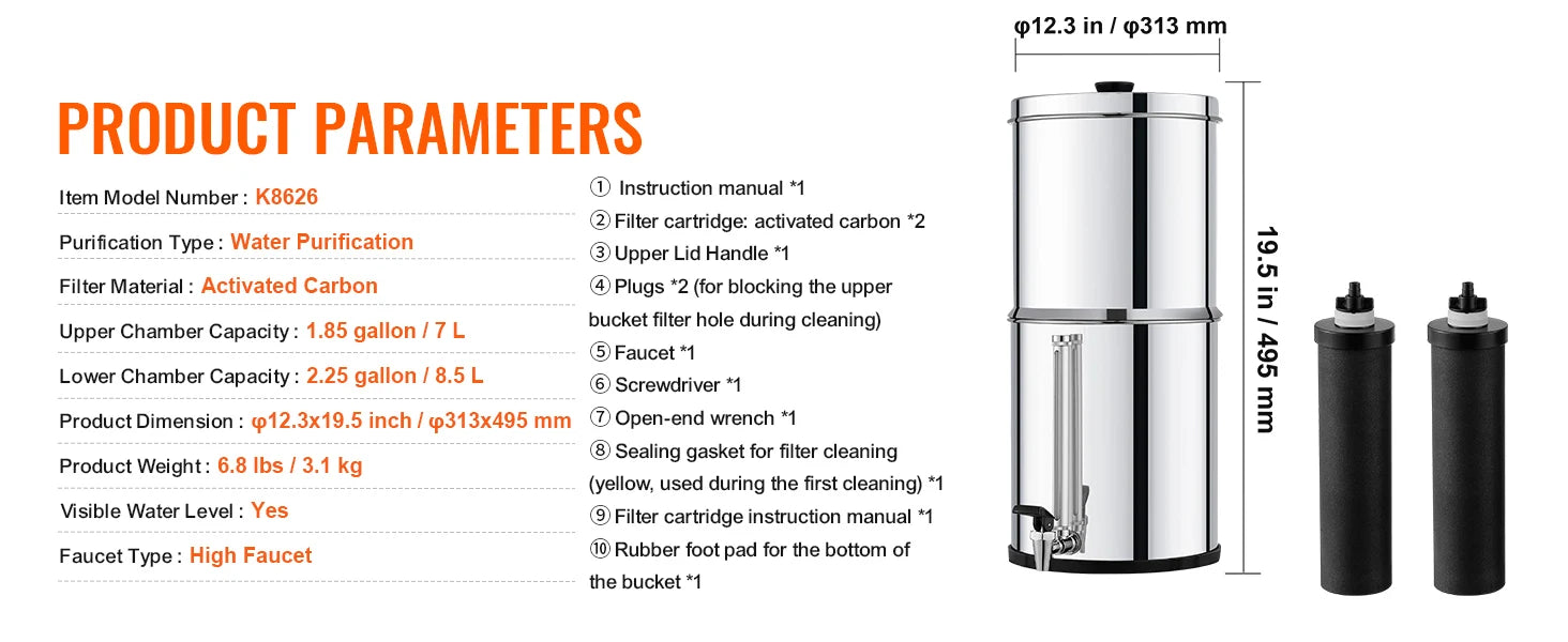 Gravity-Fed Stainless Steel Water Filter System with 2 Carbon Filters