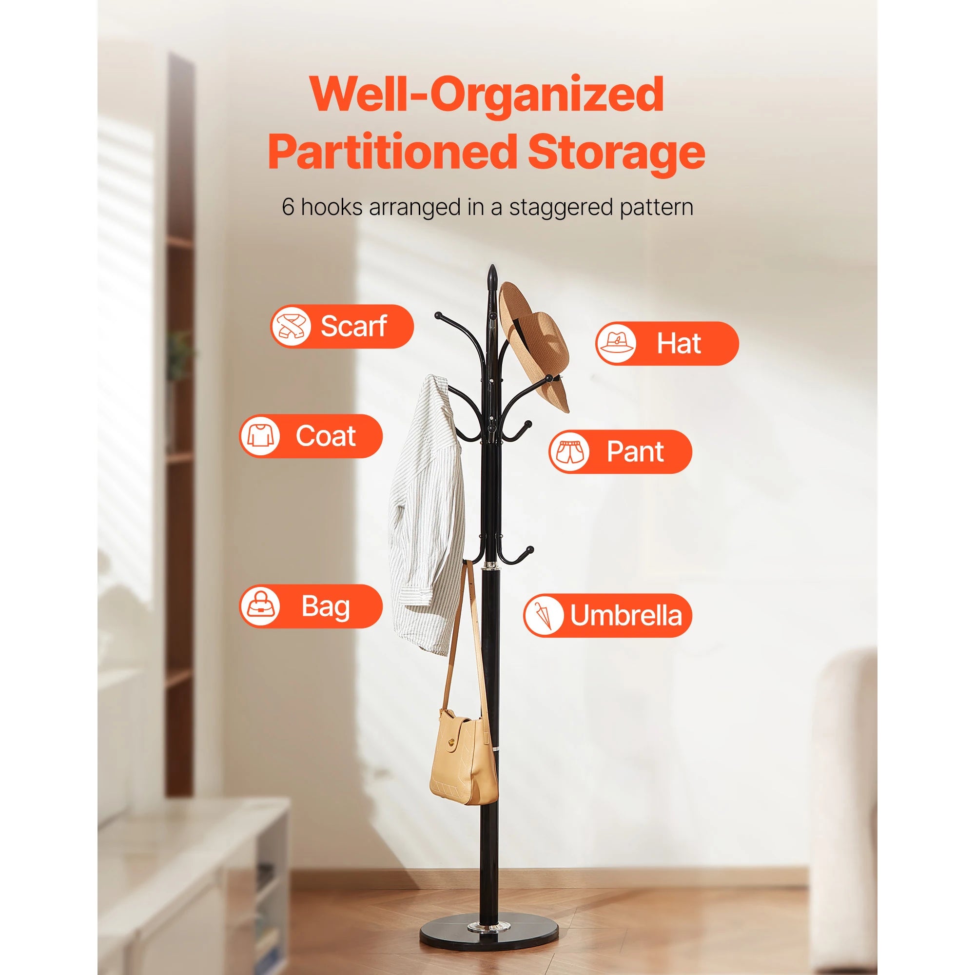 Freestanding Coat Rack with Marble Base & 6 Hooks Stand
