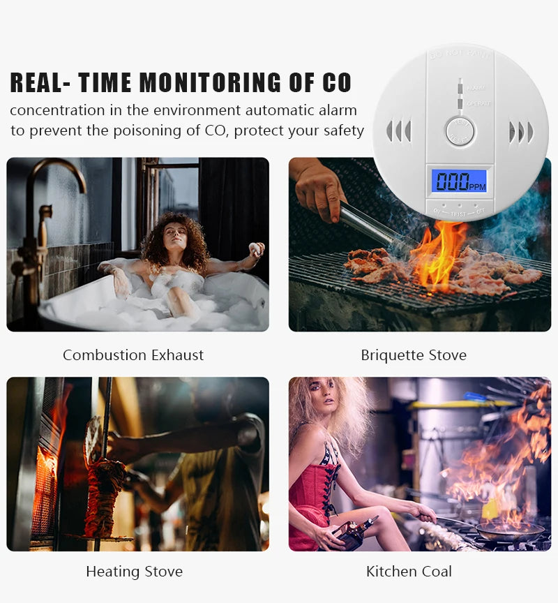 Carbon Monoxide Detector Alarm New Photoelectric Sensor 85dB Sound Warning LCD Digital Display Home Indoor CO Poisoning Siren