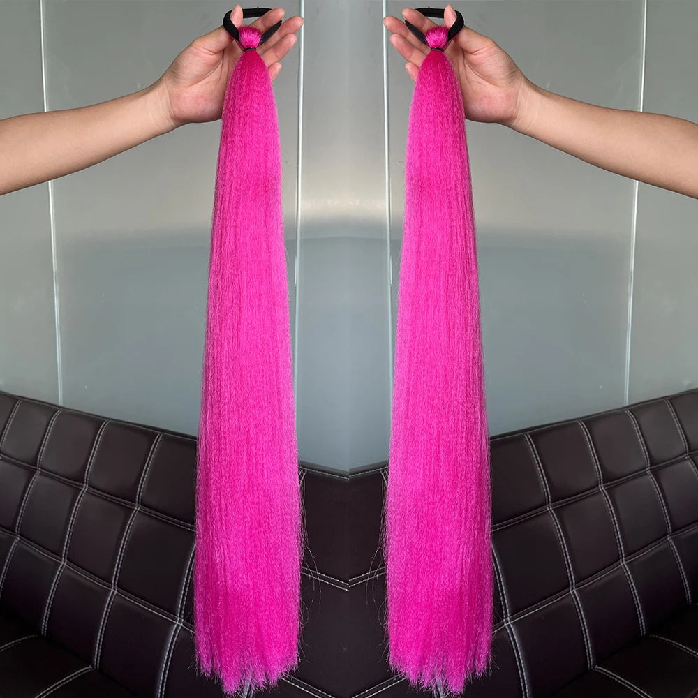 Synthetic Colorful Ponytail Extension 2Pcs Long Straight DIY Braided Pony Tail Hairpiece with Rubber Band Women Hair Accessories