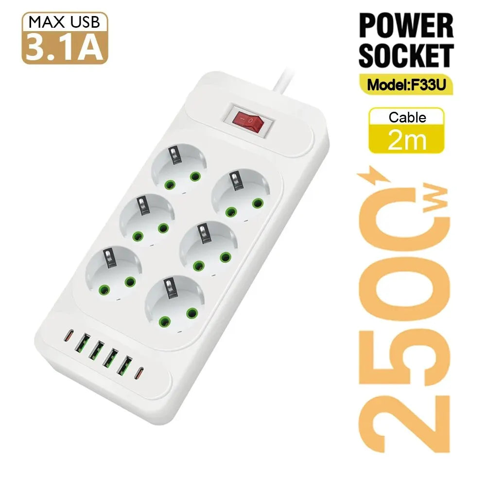 EU Plug AC Outlet Multitap Power Strip 2m Extension Cord Electrical Socket Smart USB Home Office Surge Protector Network Filter