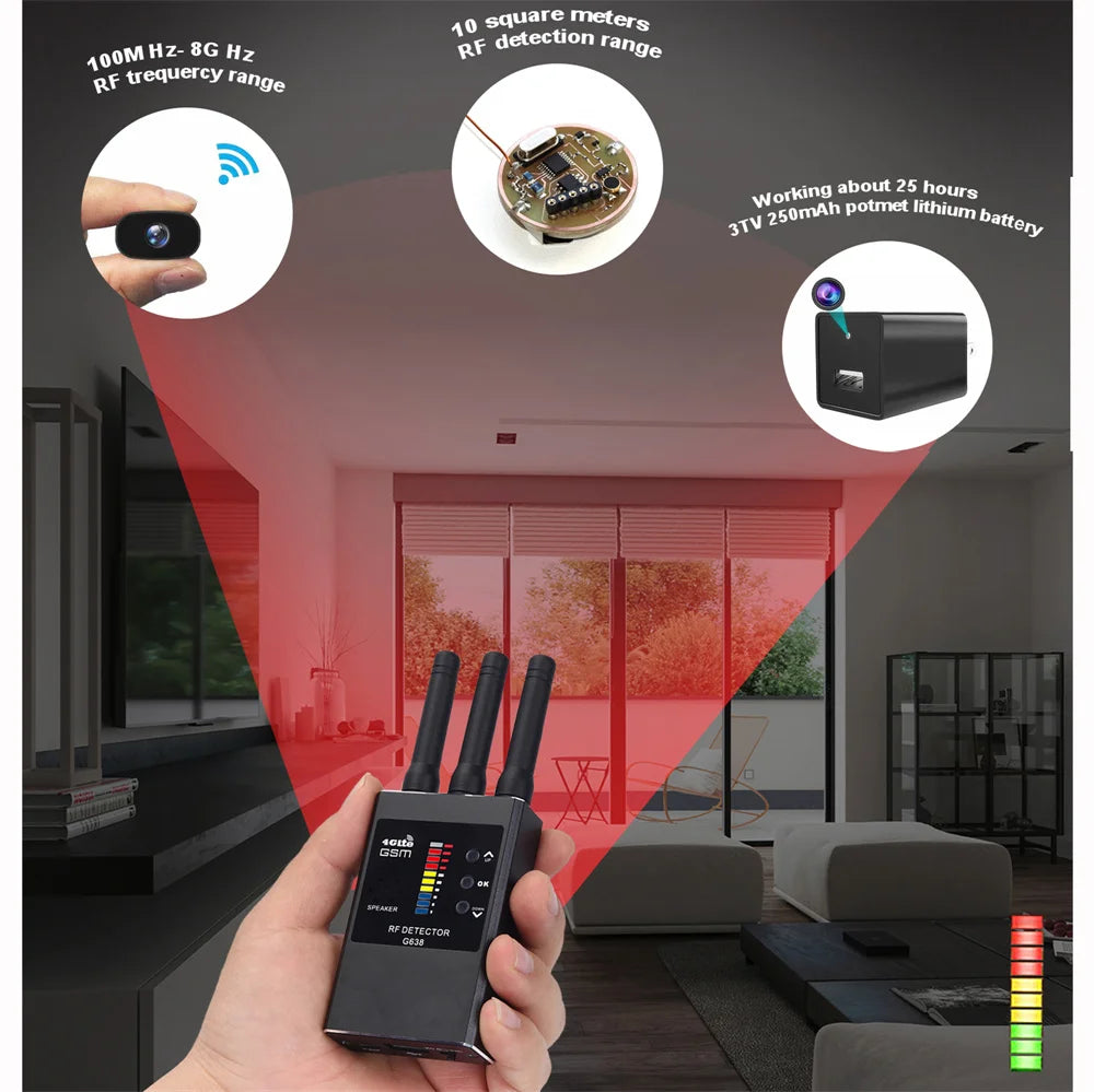 Portable G638 Professional Anti Spy Wireless RF Signal Detector, Hidden Camera Scanner, GPS Tracker, GSM Bug Finders