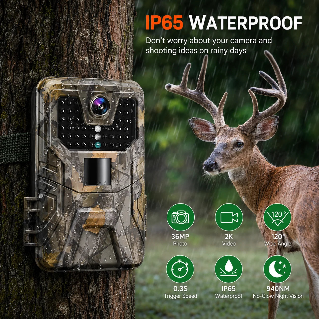 36MP 2K Trail Camera with 120° Detection and No Glow Night Vision