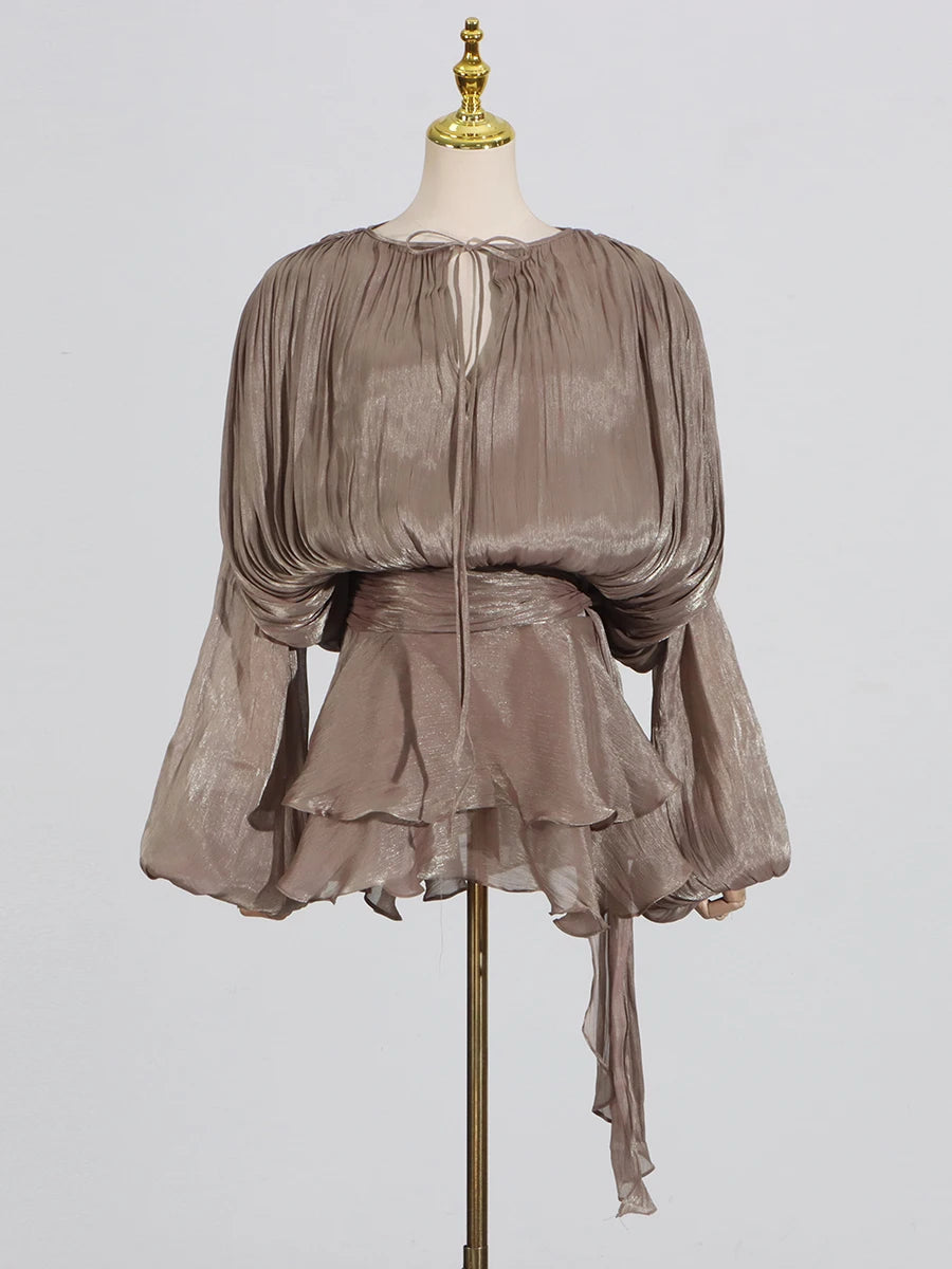 GALCAUR Solid Loose Splicd Lace Up Dresses For Women V Neck Long Sleeves Patchwork Ruffles Tunic Dreses Female Fashio New