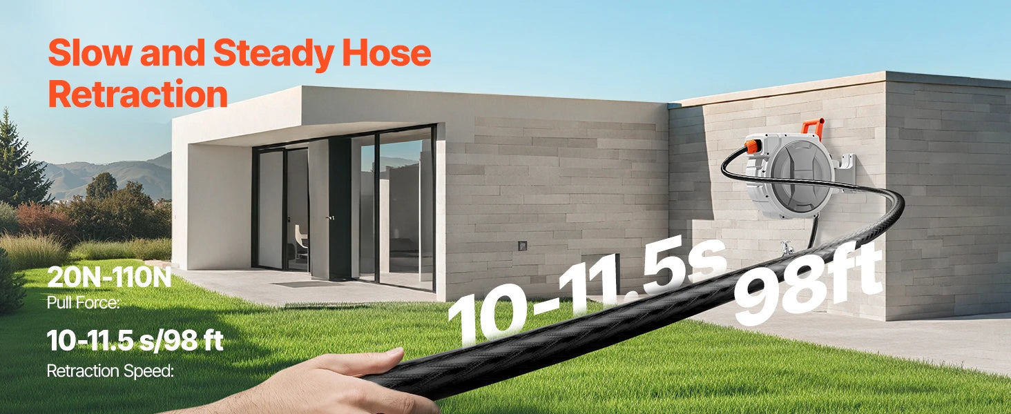 SucceBuy Retractable Garden Hose Reel - nástěnný navíjecí naviják na hadici do zahrady, těžký, s 9-pattern tryskem, otočný 180°, držák se otáčí.