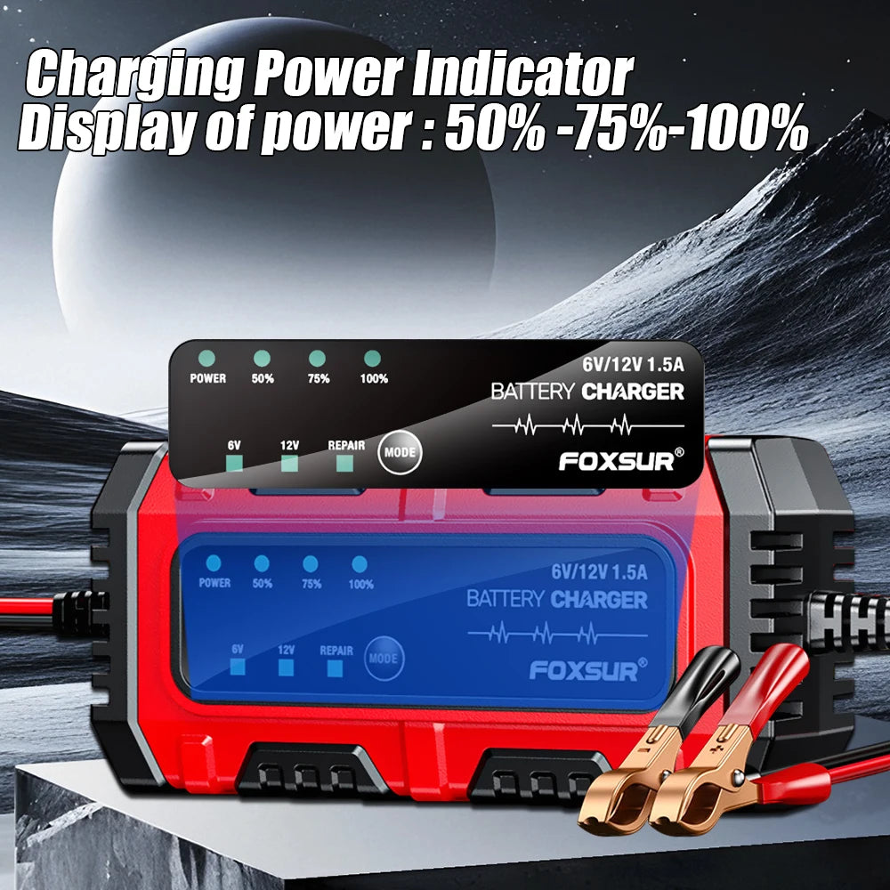 6 V / 12 V automatisk batterioplader, 1.5 A