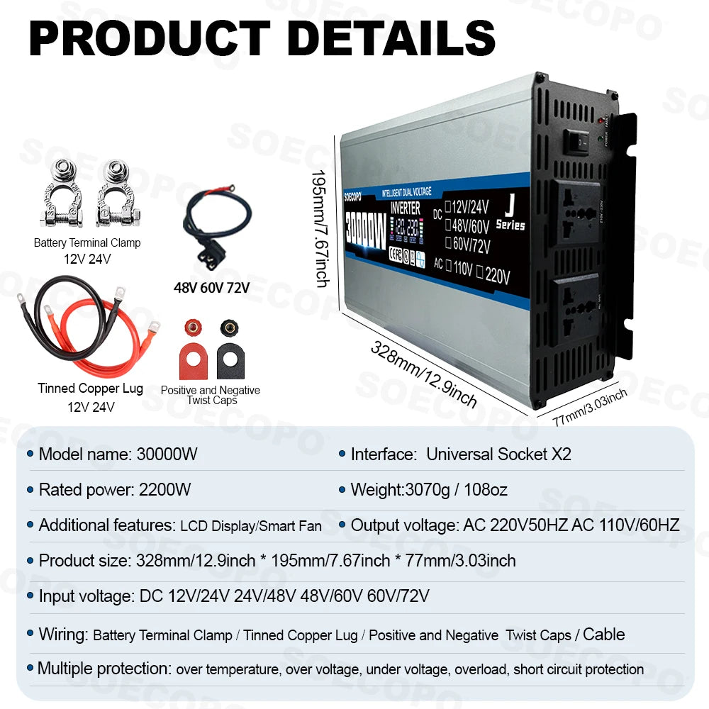 30000W Peak Solar Power Inverter 12V–72V to 110V/220V AC