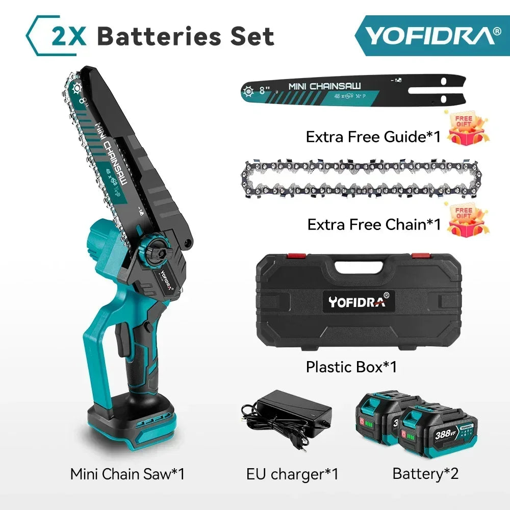 YOFIDRA 8 Inch Brushless Electric Chainsaw Cordless Rechargeable Garden Woodworking Cutting Power Tools For Makita Battery Pin