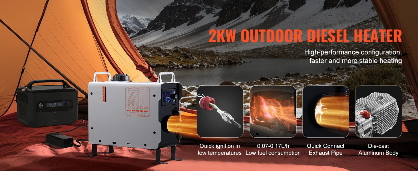 SucceBuy 2KW Diesel Heater 12V/24V All in One Diesel Air Heater with Remote Control Display Screen CO Alarm for Vehicle&Outdoor