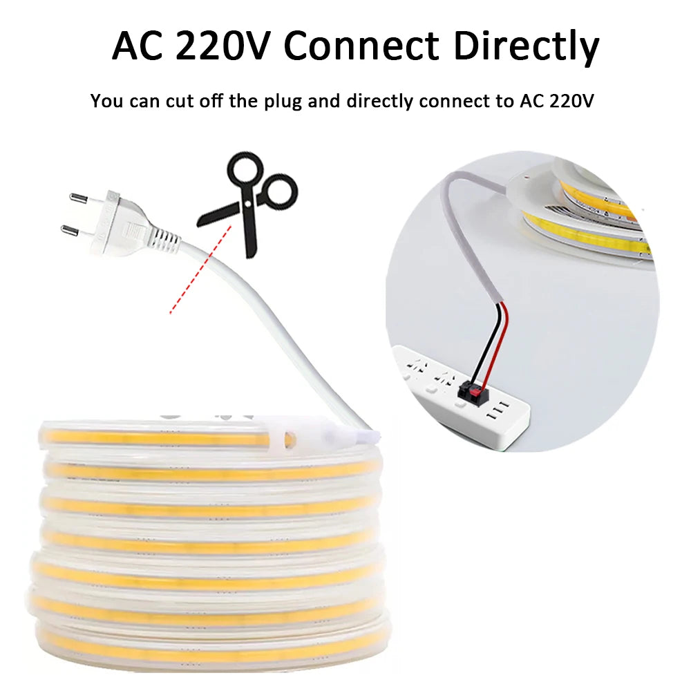220V COB LED Strip, Warm or White, Length Options
