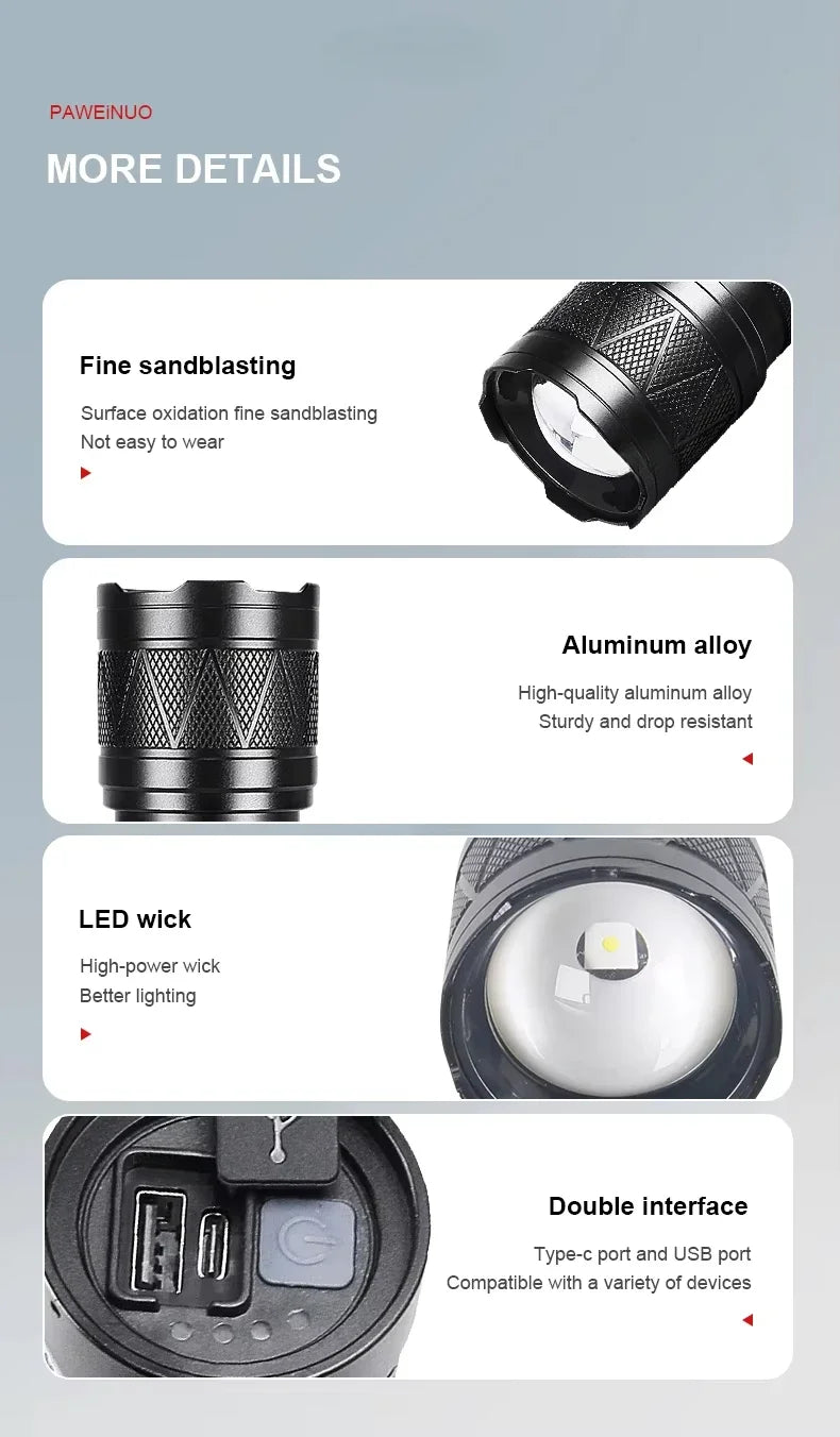 LED Handheld Flashlight Ultra-Bright 50000Lumens 12000mAh Rechargeable Battery Powerful Torch Zoomable Tactical Lantern
